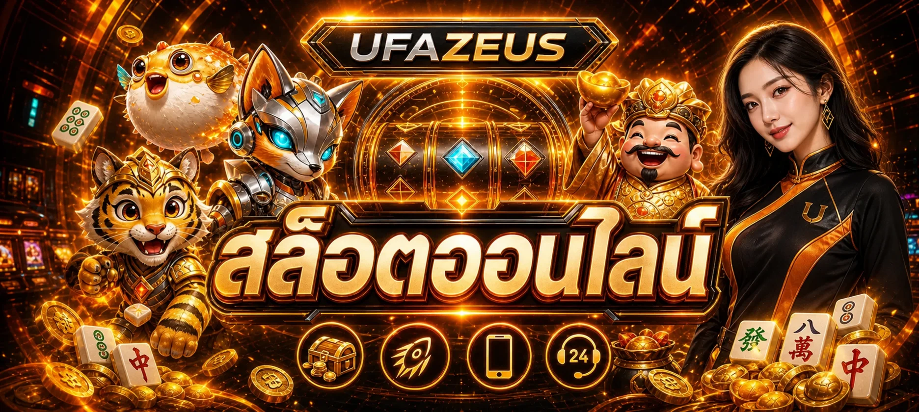 แบนเนอร์สล็อตออนไลน์ UFAZEUS และตัวละครเกม PG Soft